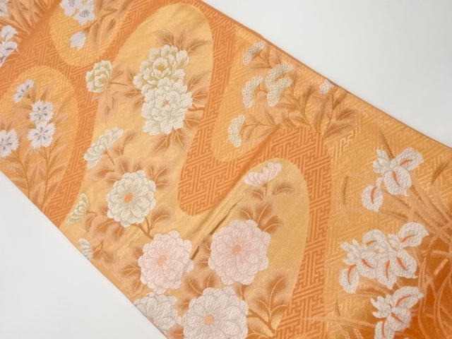 リサイクル　流水に秋草・短冊・菖蒲模様織出し袋帯